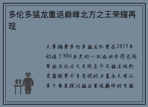 多伦多猛龙重返巅峰北方之王荣耀再现