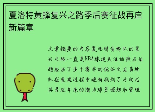 夏洛特黄蜂复兴之路季后赛征战再启新篇章
