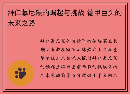 拜仁慕尼黑的崛起与挑战 德甲巨头的未来之路