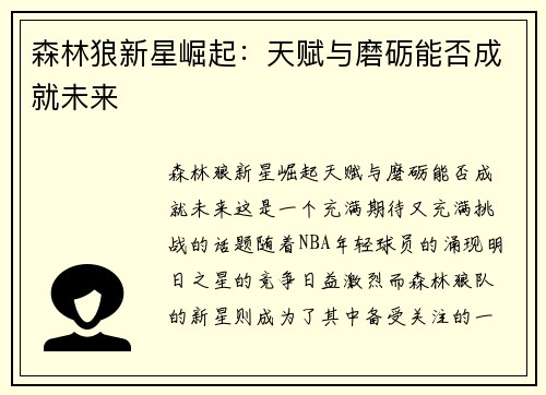 森林狼新星崛起：天赋与磨砺能否成就未来